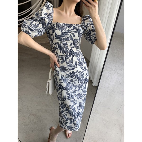 Floral Square-Neck Puff Sleeve Dress - LaVoggue