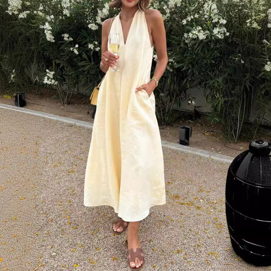 Sleeveless Pocket Summer Dress – Casual V-Neck