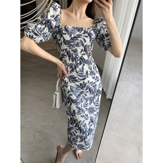 Floral Square-Neck Puff Sleeve Dress - LaVoggue