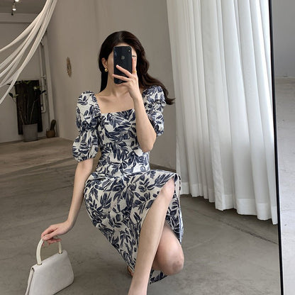 Floral Square-Neck Puff Sleeve Dress - LaVoggue